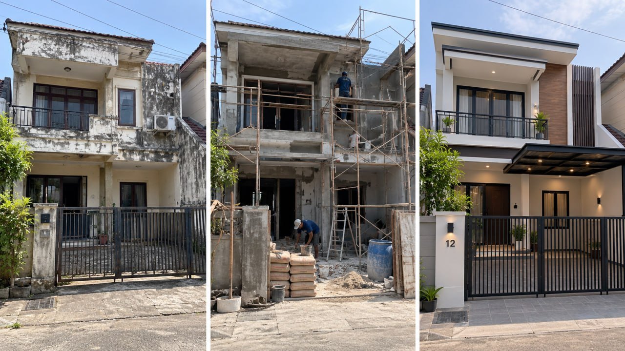 Renovasi Fasad Rumah 2 Lantai — sebelum dan sesudah renovasi